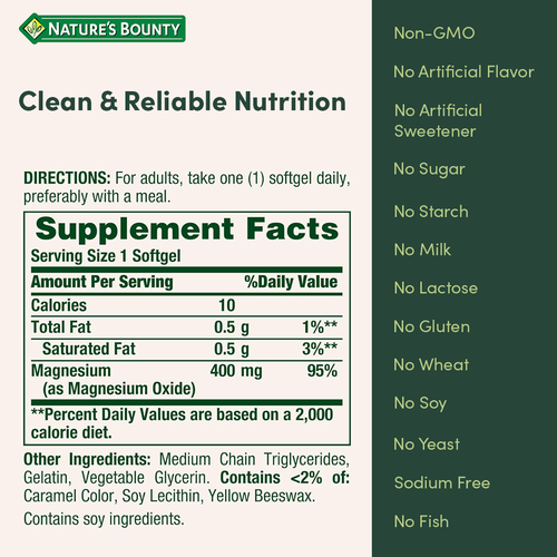 Nature’s Bounty Magnesium 400 mg – (75 Softgels) - Image 2