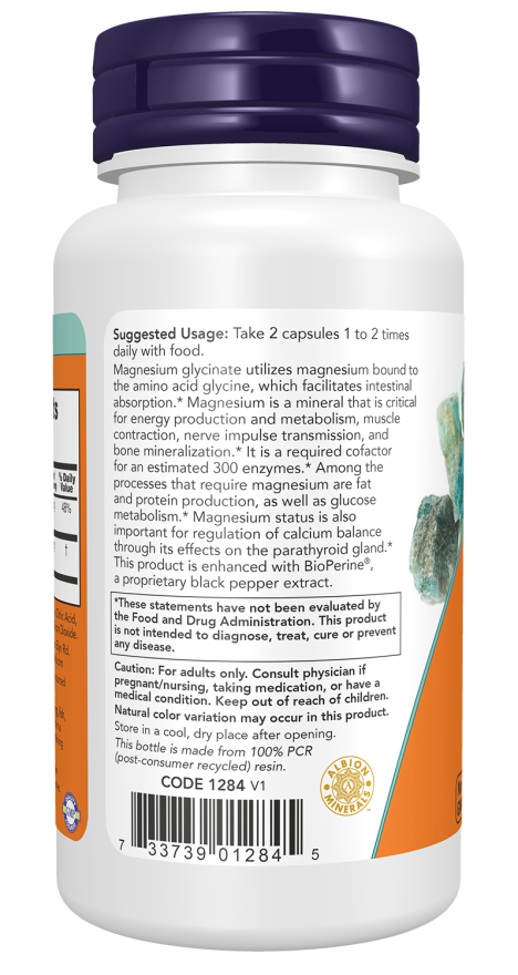 NOW Foods Magnesium Glycinate With BioPerine® (60 Veg Capsules) - Image 3
