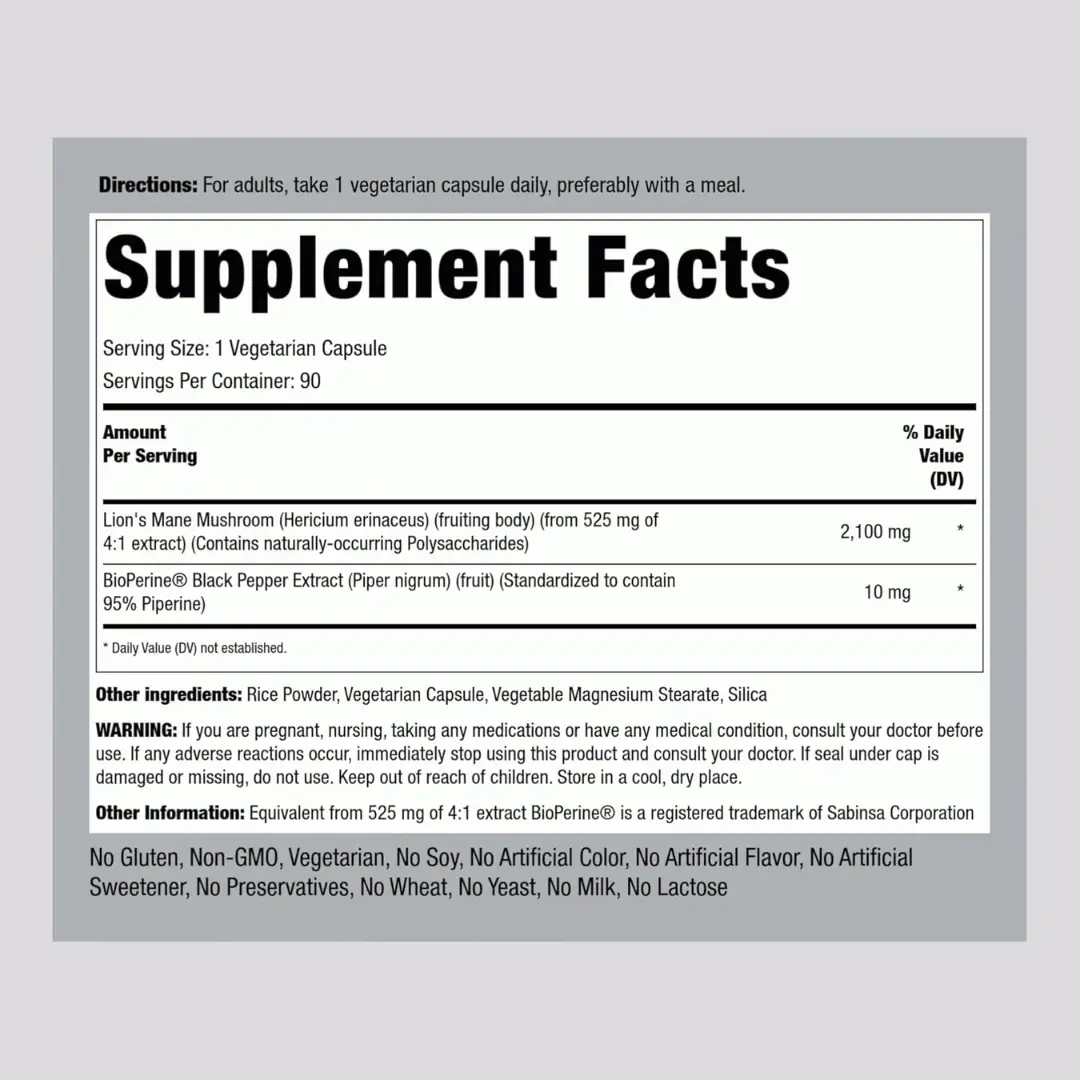 Piping Rock Lion's Mane Mushroom 2100mg (90 Capsules) - Image 2