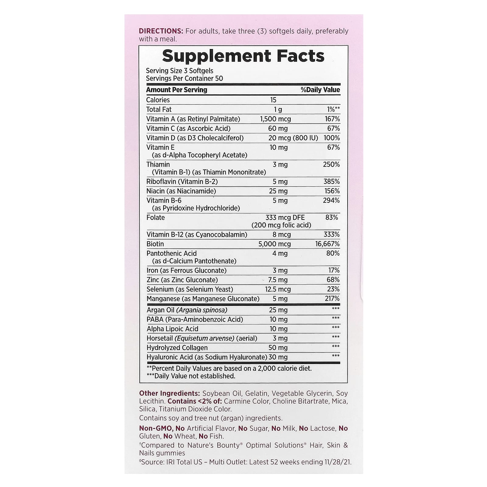 Nature’s Bounty Optimal Solutions Hair Skin & Nails – (150 Softgels) - Image 3