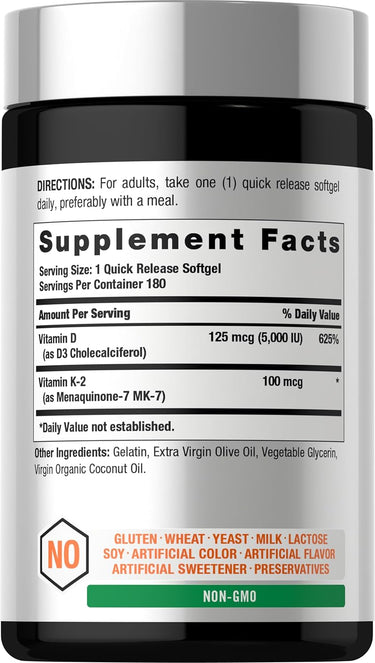 Horbäach Vitamin D3 K2 5000 IU 100mcg MK-7 Complex -(180 Softgels) - Image 2