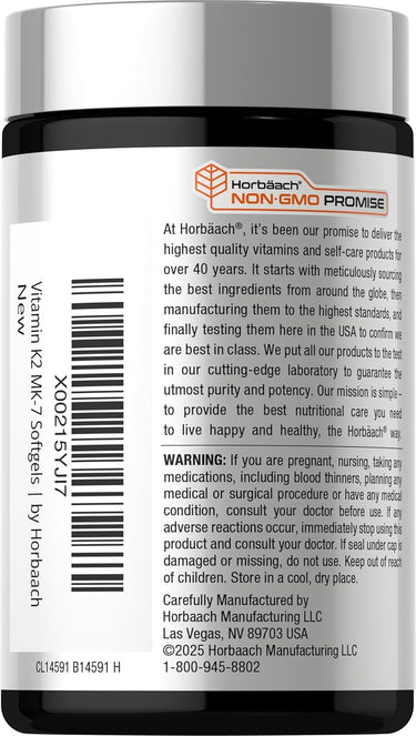 Horbäach Vitamin D3 K2 5000 IU 100mcg MK-7 Complex -(180 Softgels) - Image 3