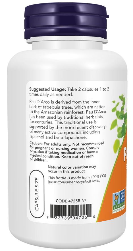 NOW Foods Pau D'Arco 500mg - (100 Veg Capsules) - Image 3