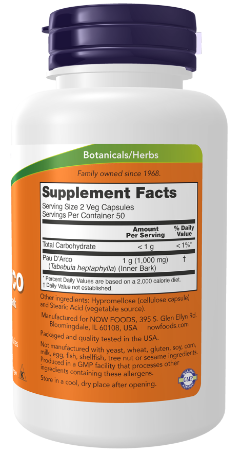 NOW Foods Pau D'Arco 500mg - (100 Veg Capsules) - Image 2