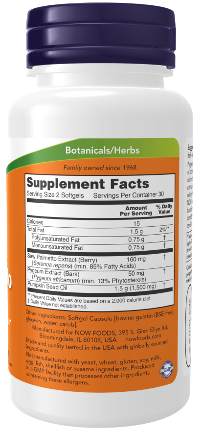 NOW Foods Pygeum & Saw Palmetto (60 Softgels) - Image 2