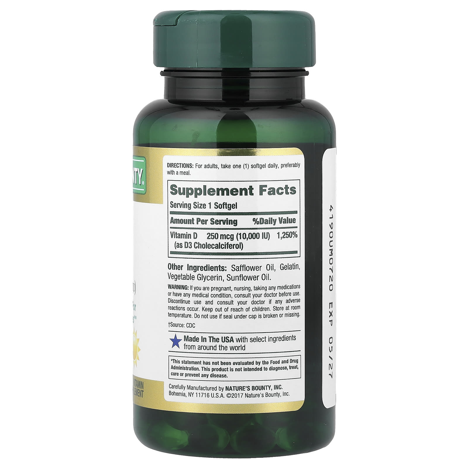 Nature's Bounty Vitamin D3, 250 mcg (10,000 IU)-(72 Softgels) - Image 2
