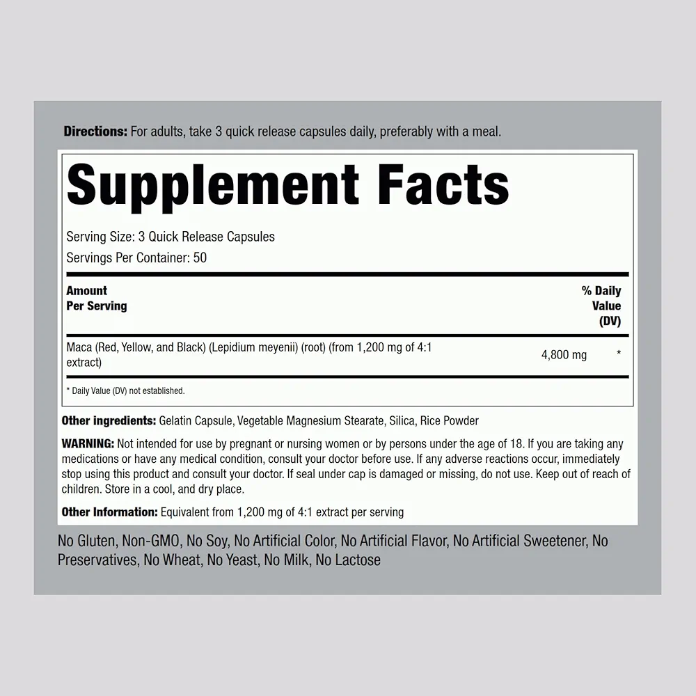 Piping Rock Red Yellow and Black Maca Root (150 Capsules) - Image 2