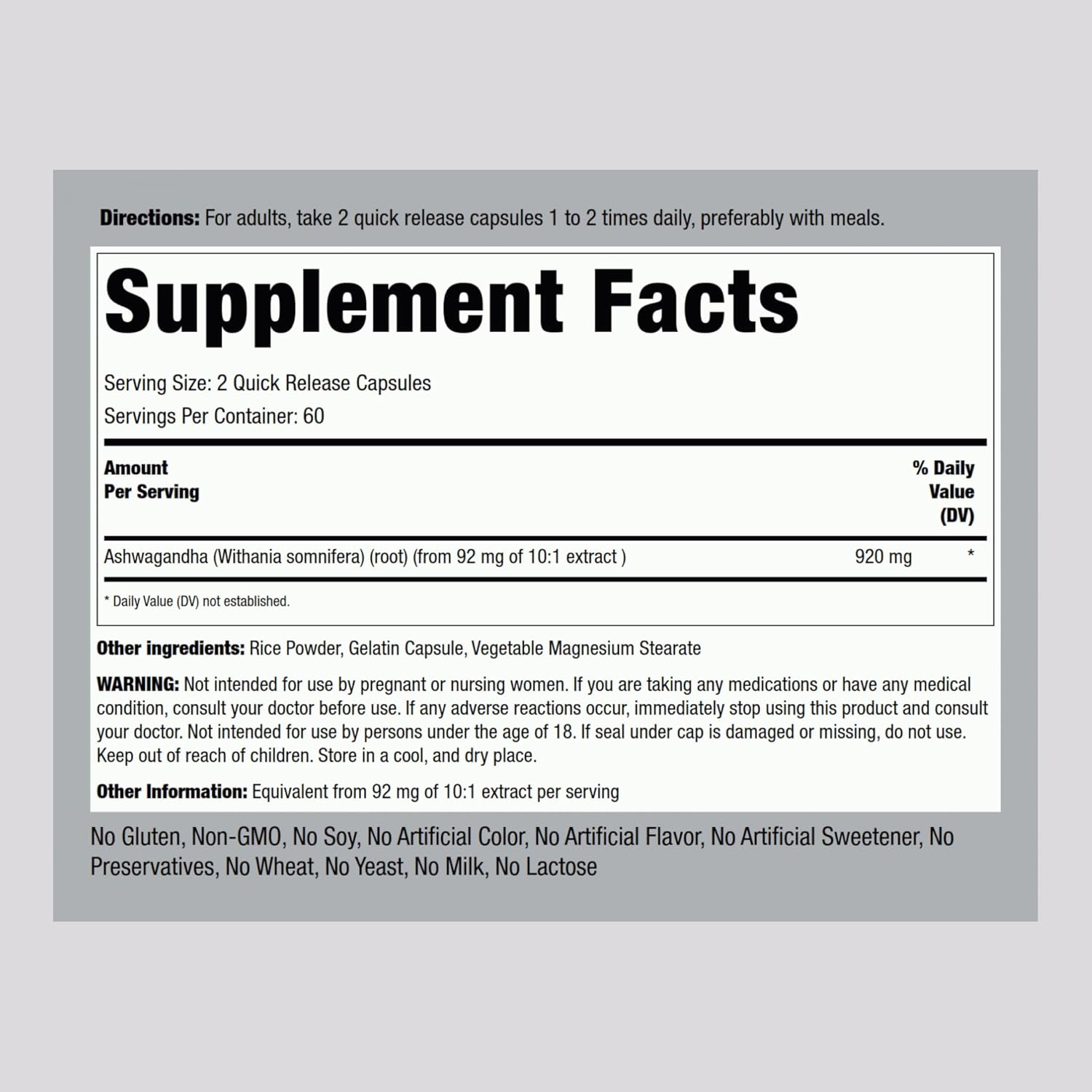 Piping Rock Ashwagandha Root 920mg – (120 capsules) - Image 3