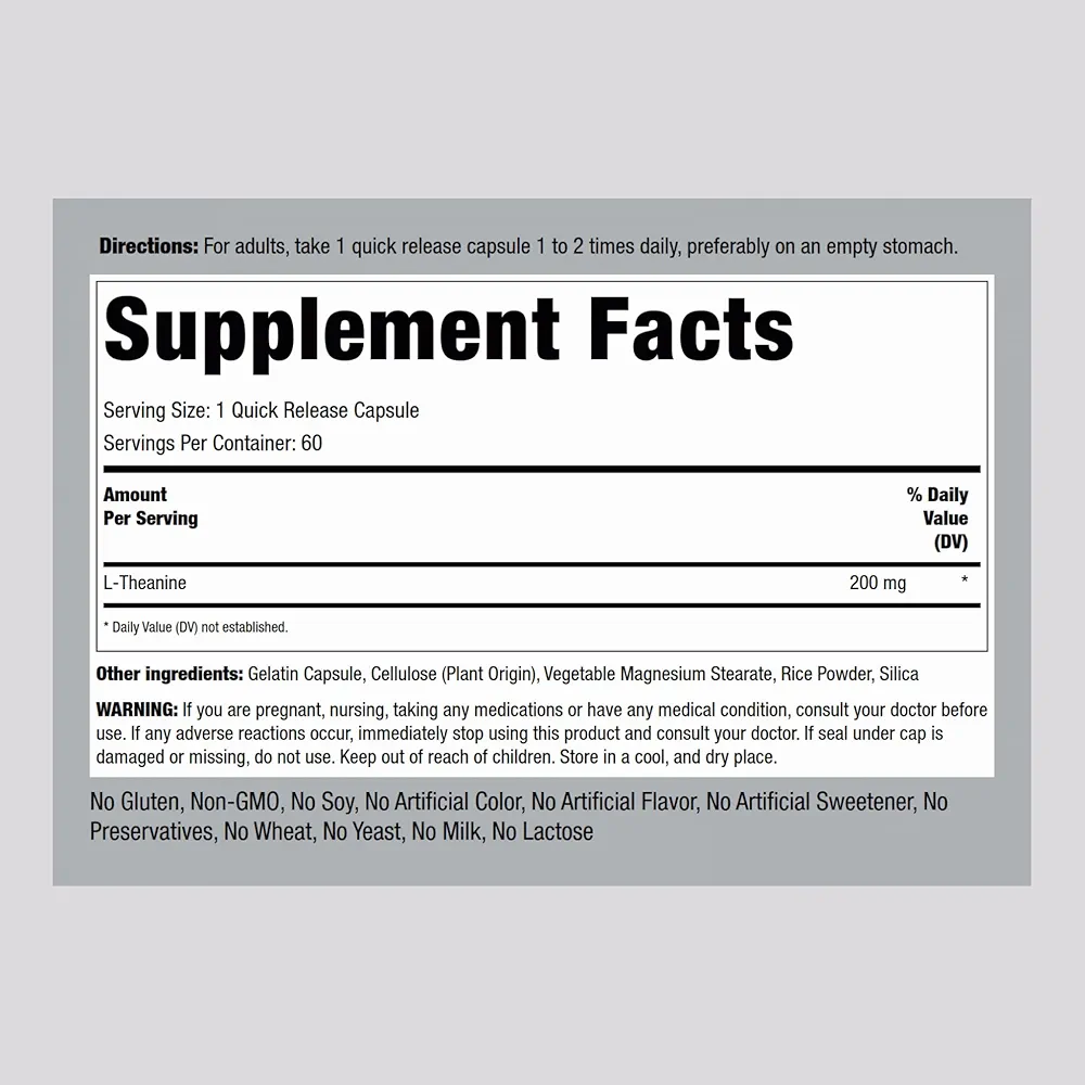 Piping Rock L-Theanine 200mg (60 Capsules) - Image 3