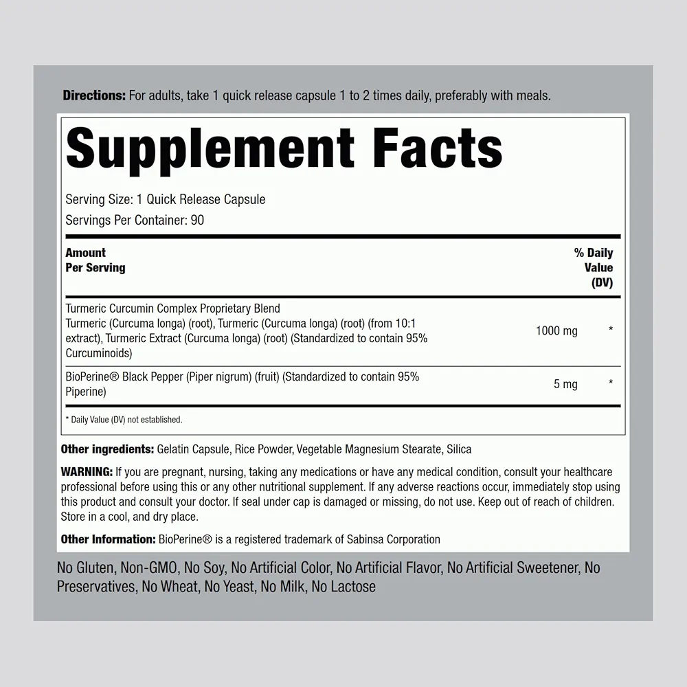 Piping Rock Turmeric Curcumin with Black Pepper (90 Capsules) - Image 3