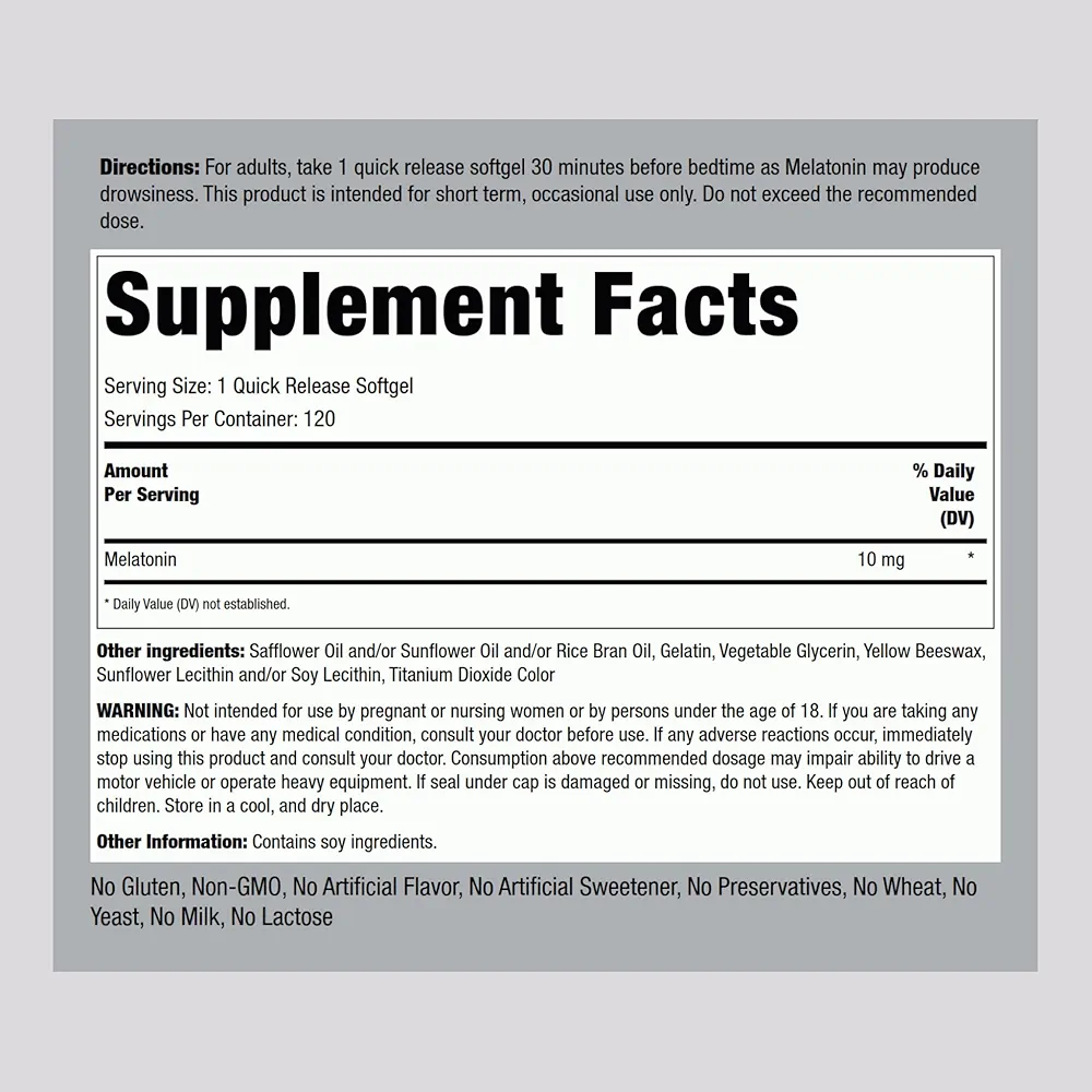 Piping Rock Melatonin 10mg (120 Softgel Capsules) - Image 2