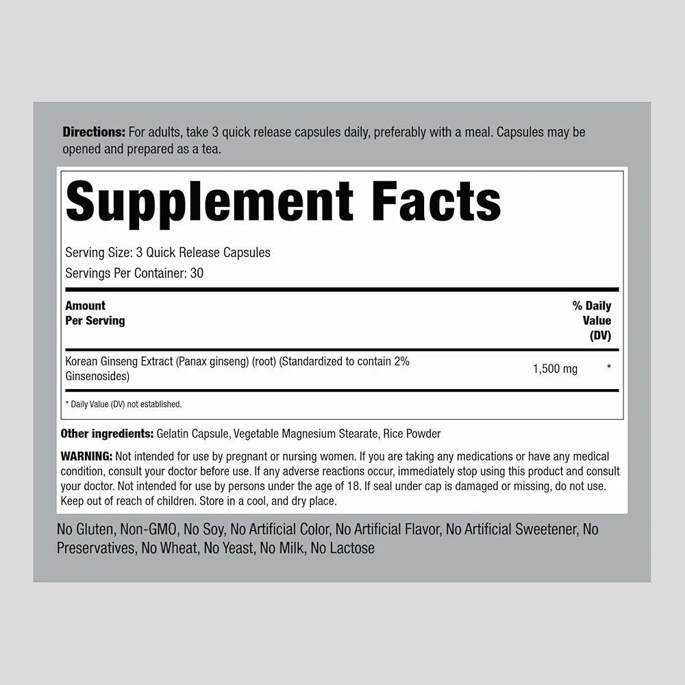 Piping Rock Korean Ginseng 1500mg (90 Capsules) - Image 2