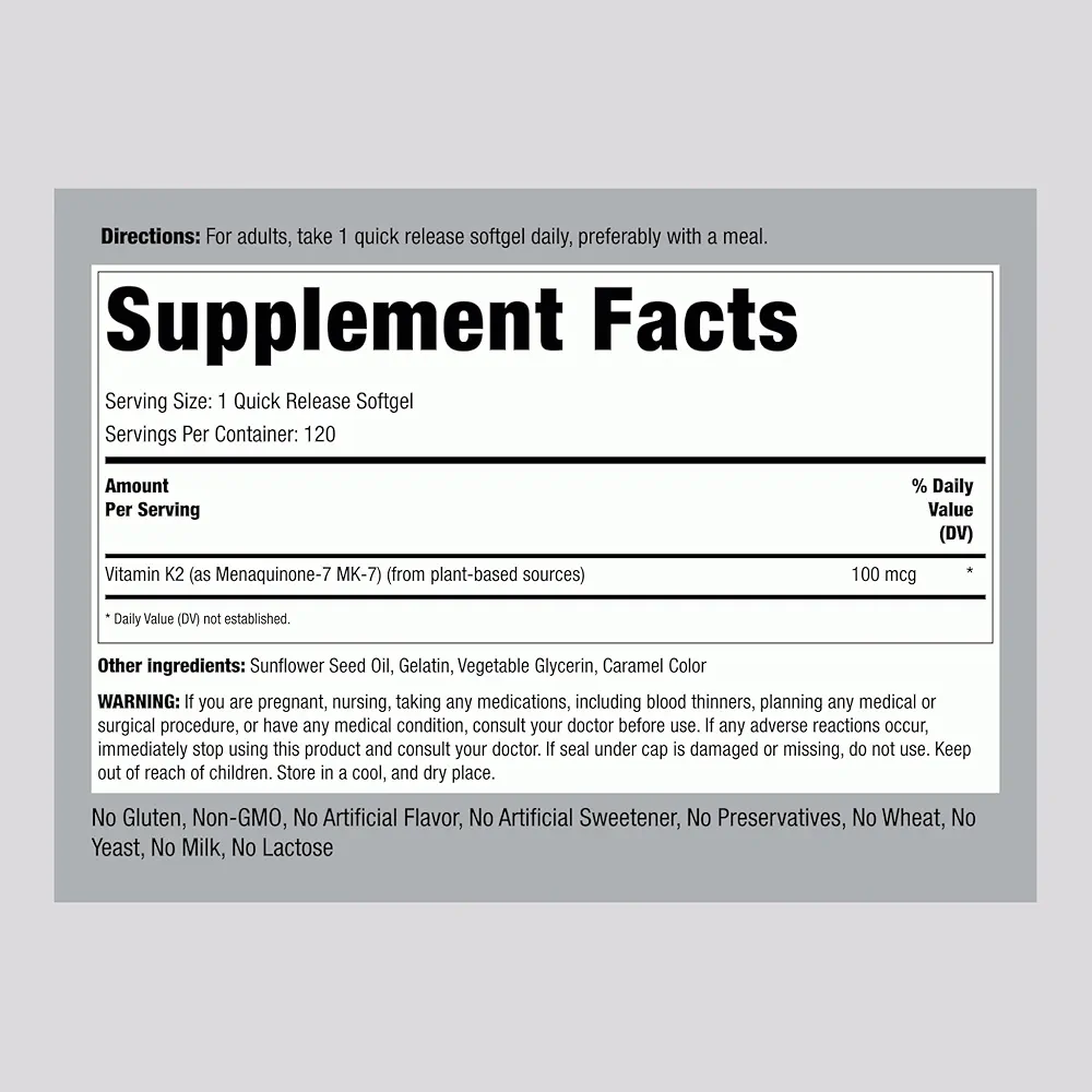 Piping Rock Vitamin K2 MK7 100mcg (120 Softgels) - Image 2