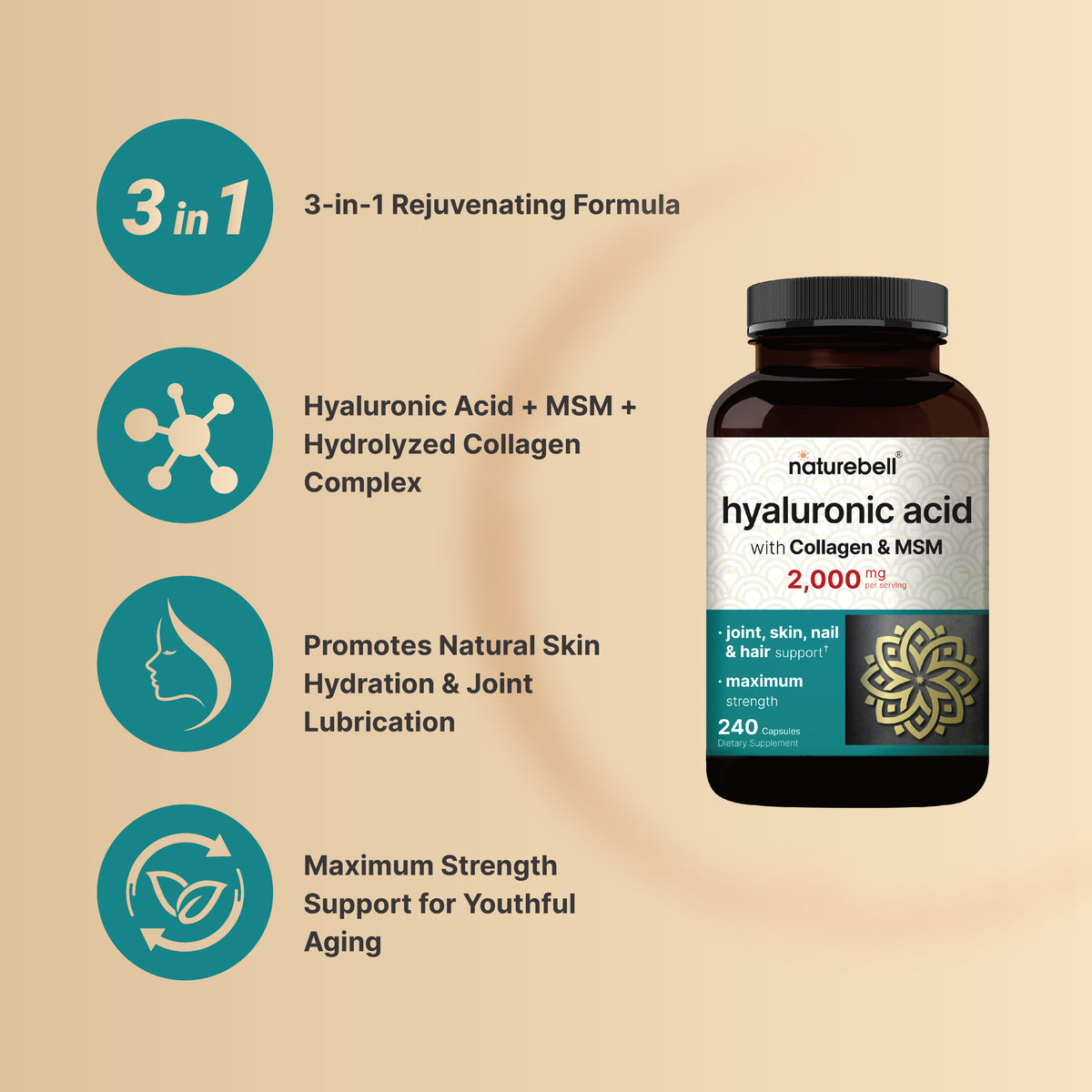 NatureBell Hyaluronic Acid with MSM & Collagen (2000mg) – (240 Capsules) - Image 2
