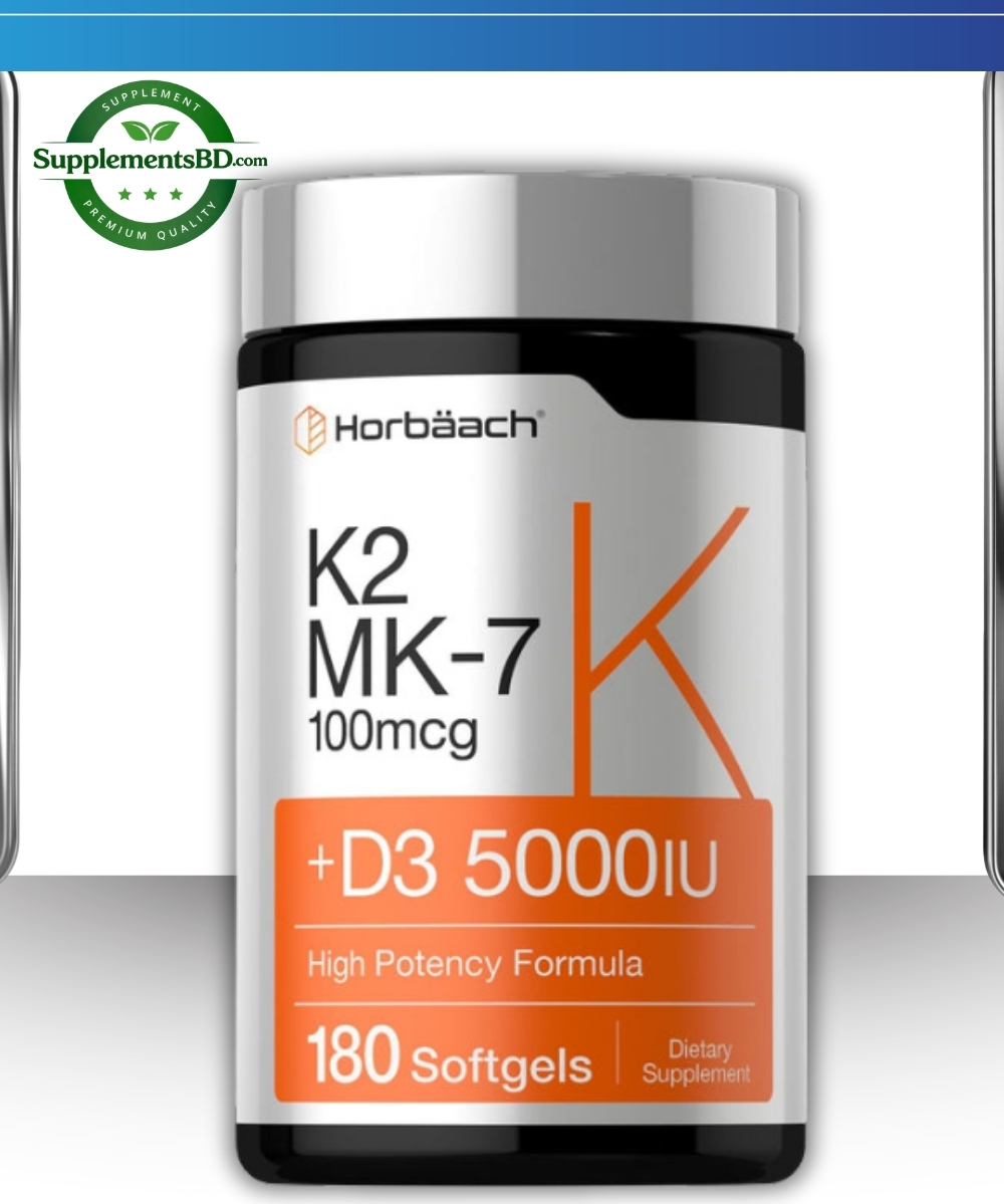 Horbäach Vitamin D3 K2 5000 IU 100mcg MK-7 Complex -(180 Softgels)