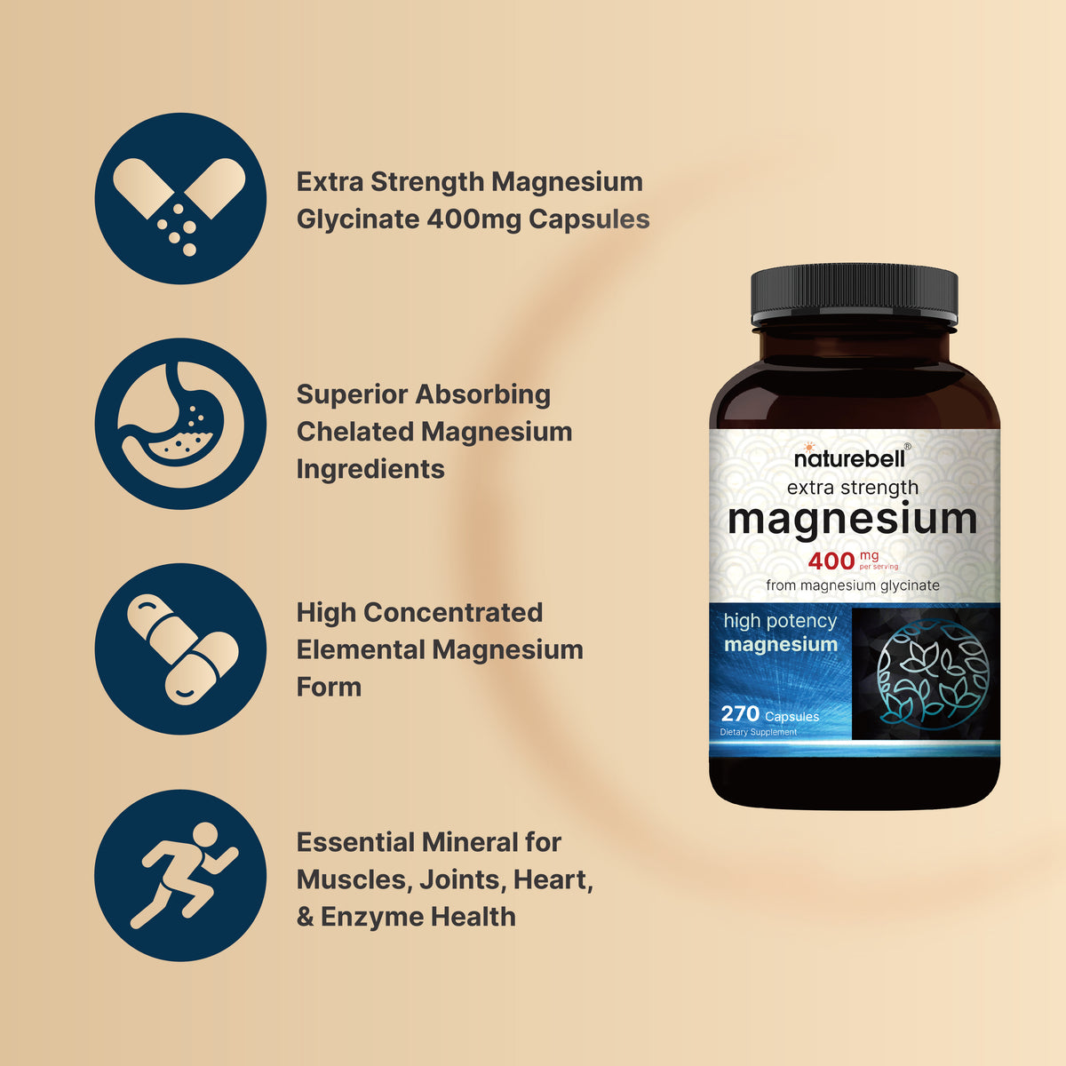 Naturebell Extra Strength Magnesium Glycinate 400mg – (270 Capsules) - Image 3