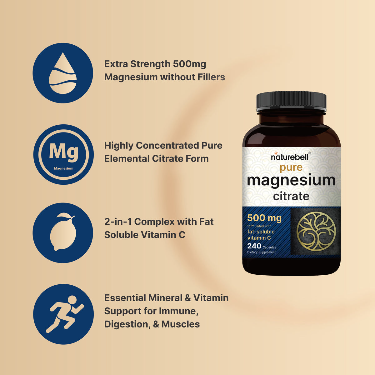 NatureBell Magnesium Citrate 500mg - (240 Capsules) - Image 3