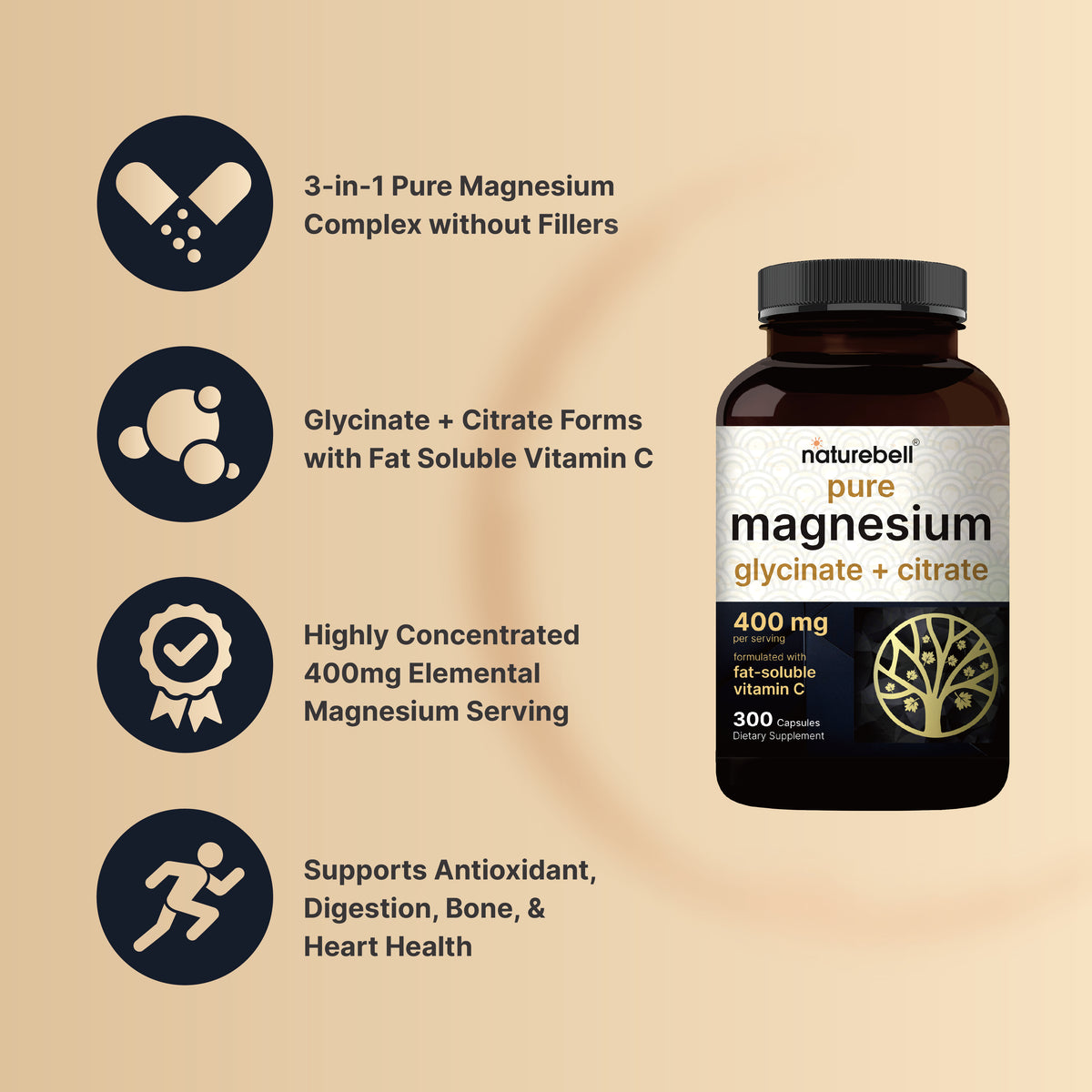 Naturebell Magnesium Complex 400mg with Fat-Soluble Vitamin C - (300 Capsules) - Image 2