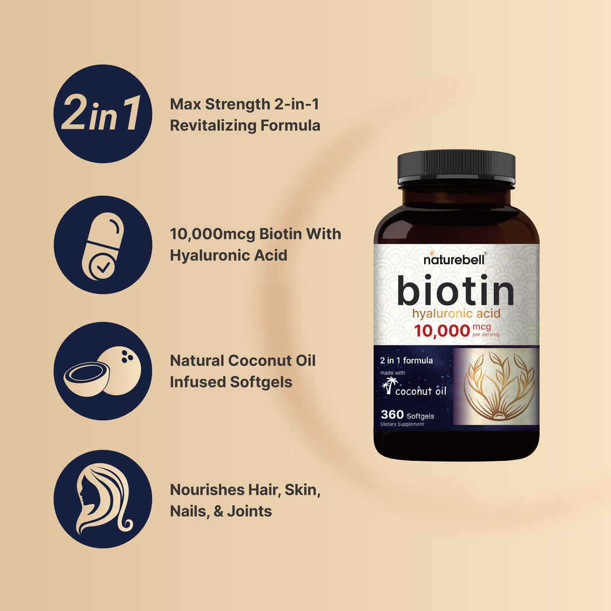 NatureBell Biotin 10,000mcg + Hyaluronic Acid - (360 Softgels) - Image 3