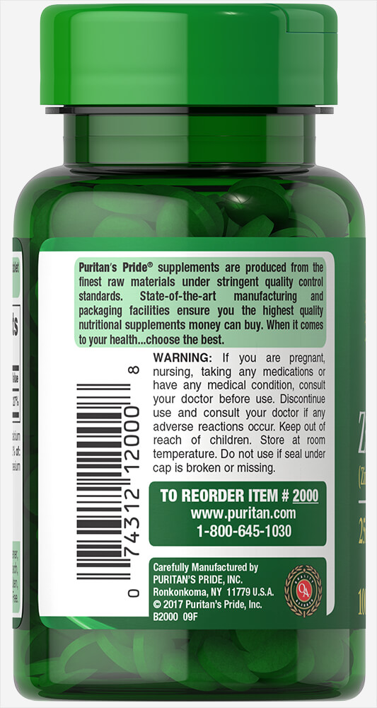 Puritan's Pride Zinc 25mg (100 Caplets) - Image 3