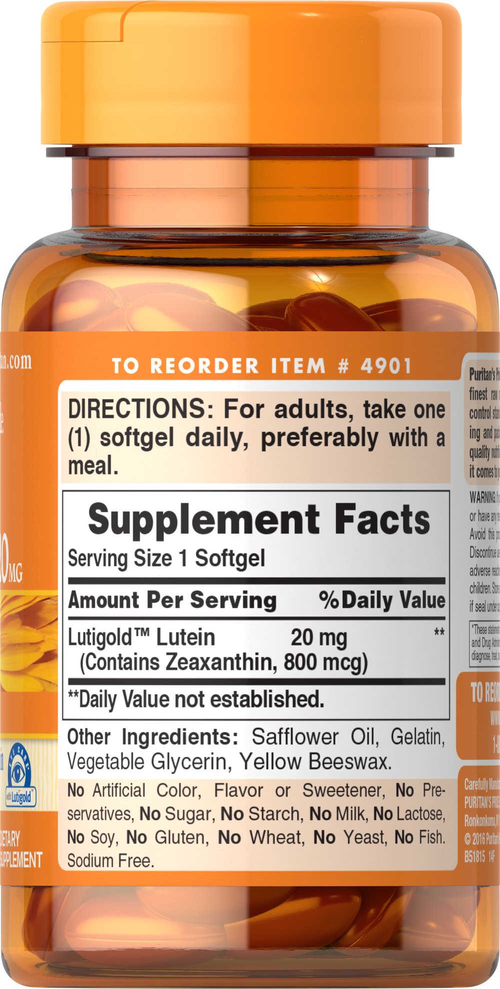 Puritans Pride Lutein 20 mg with Zeaxanthin (60 Softgels) - Image 2