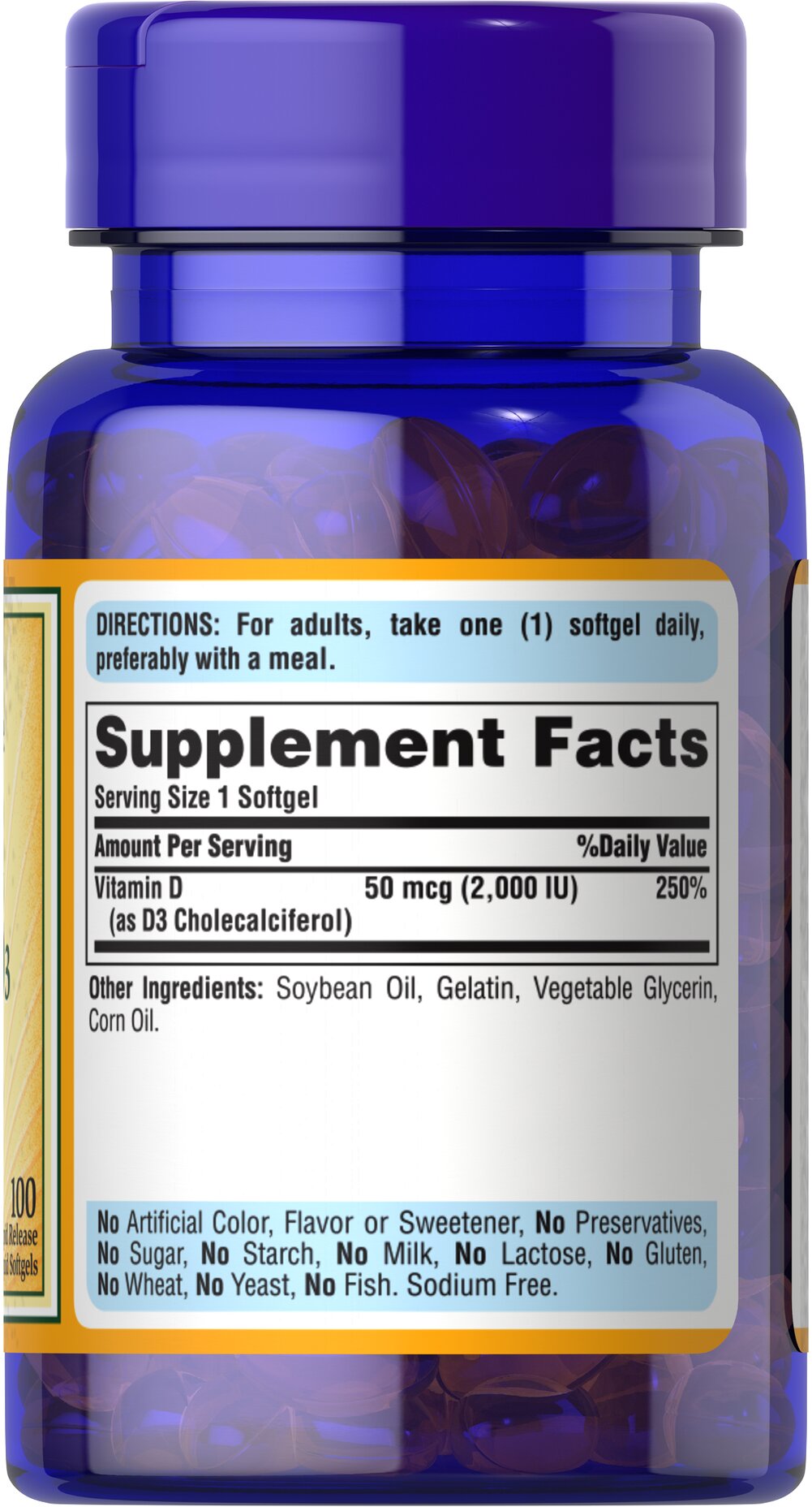 Puritan’s Pride Vitamin D3 50 mcg (2000 IU) – (100 Softgels) - Image 2