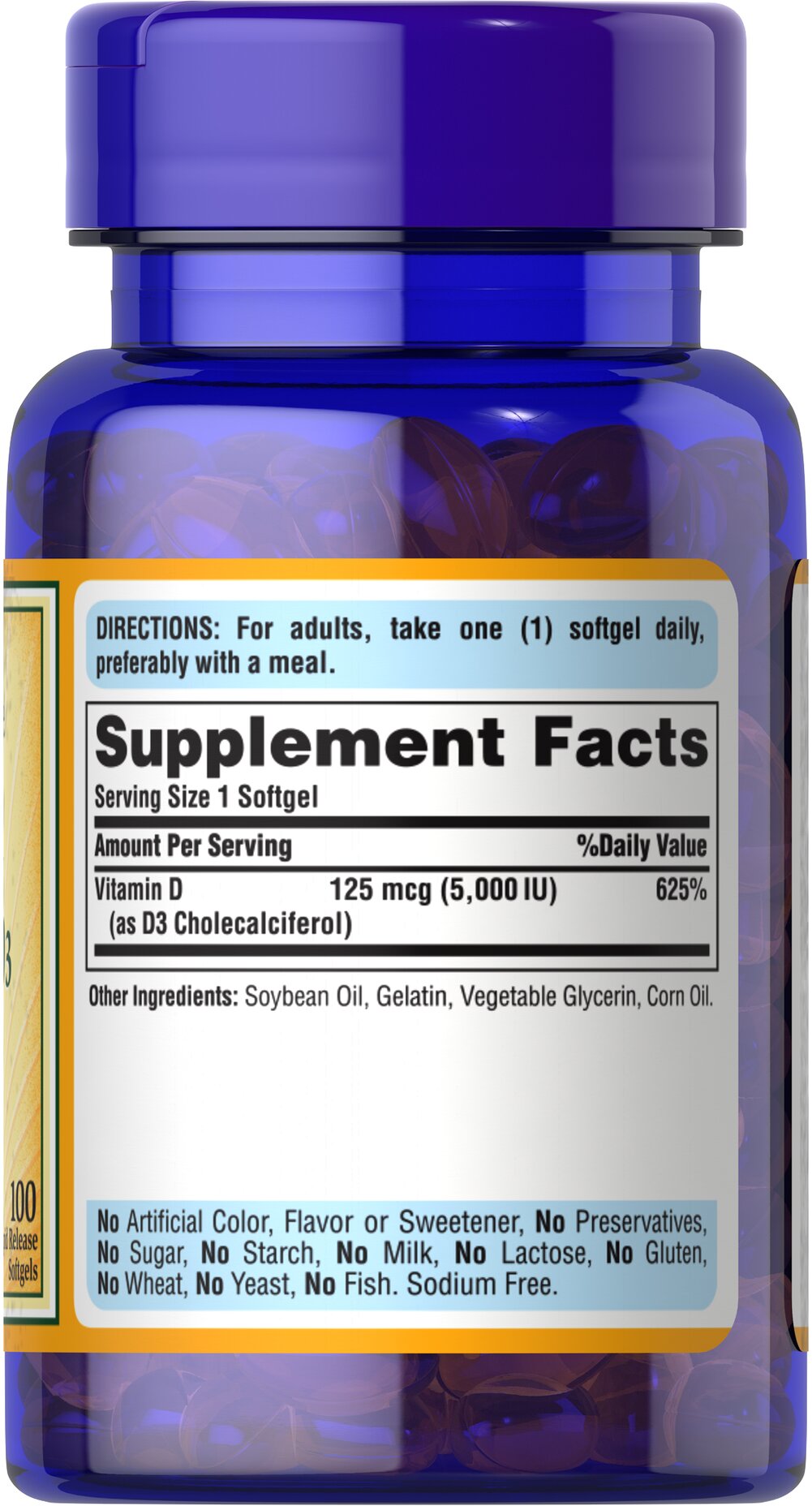 Puritan’s Pride Vitamin D3 125mcg – 5,000 IU – (100 softgels) - Image 2