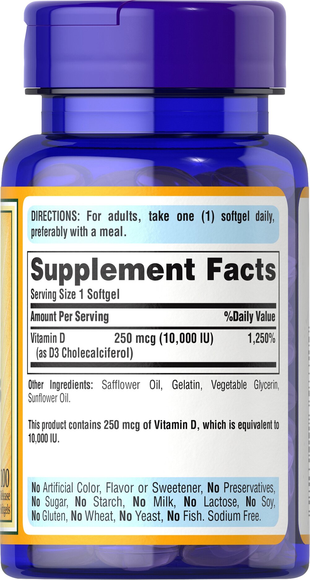 Puritan’s Pride Vitamin D3 (10,000 IU) – (100 softgels) - Image 3