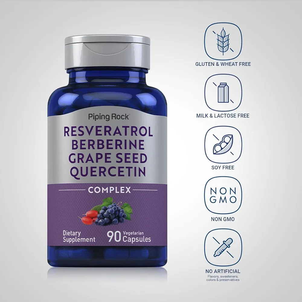 Piping Rock Resveratrol Berberine Grape Seed & Quercetin Complex (90 Capsules) - Image 3