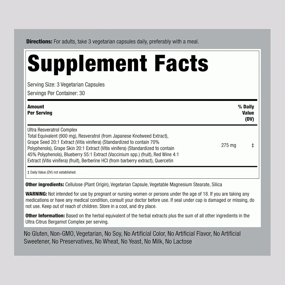 Piping Rock Resveratrol Berberine Grape Seed & Quercetin Complex (90 Capsules) - Image 2