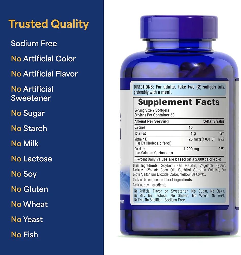 Puritan’s Pride Calcium 1200mg (100 Softgels) - Image 2