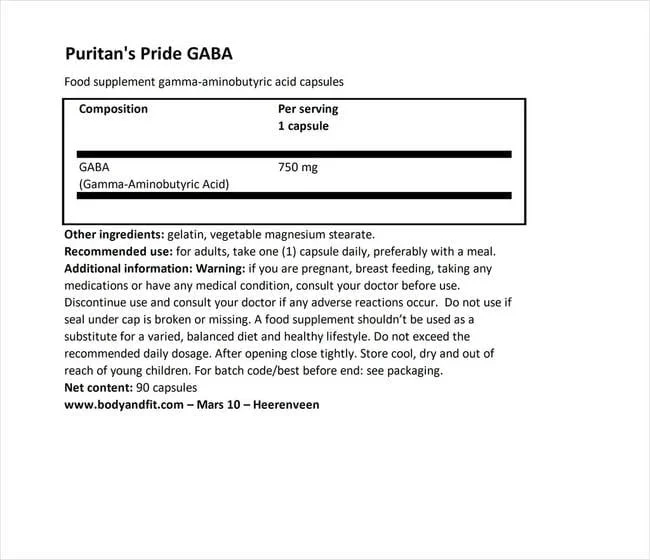 Puritan's Pride GABA 750mg (90 Capsules) - Image 2