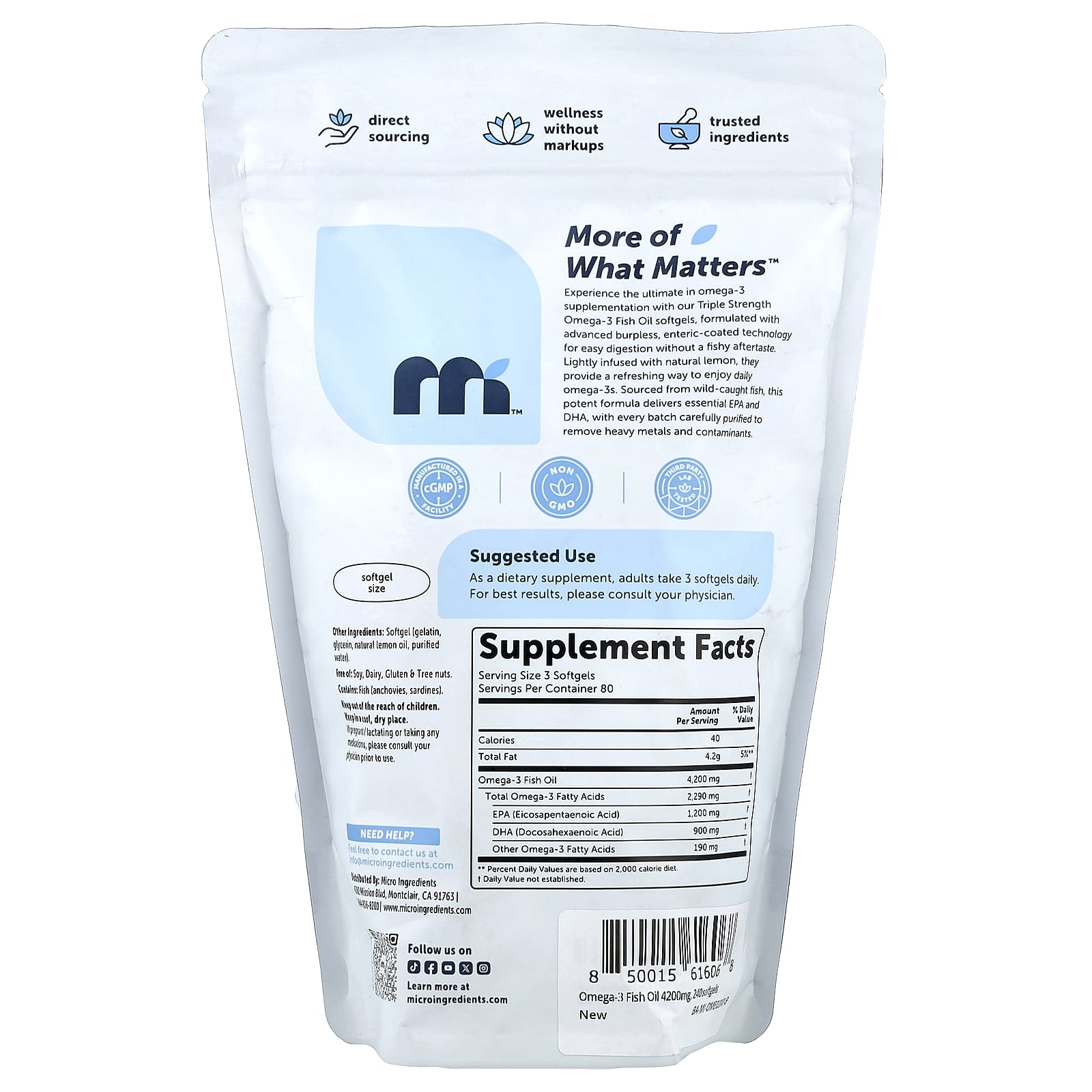 Micro Ingredients Omega-3 Fish Oil Lemon (240 Softgels) - Image 2