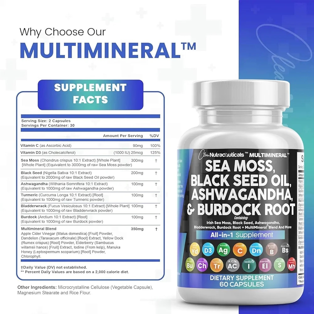 SEA MOSS, BLACK SEED OIL, ASHWAGANDHA, BURDOCK ROOT (60Capsule) - Image 2