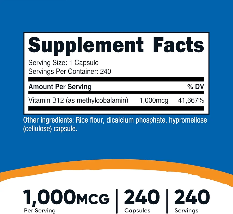 Nutricost Vitamin B12 (Methylcobalamin) 1000mcg(240 Capsules) - Image 2