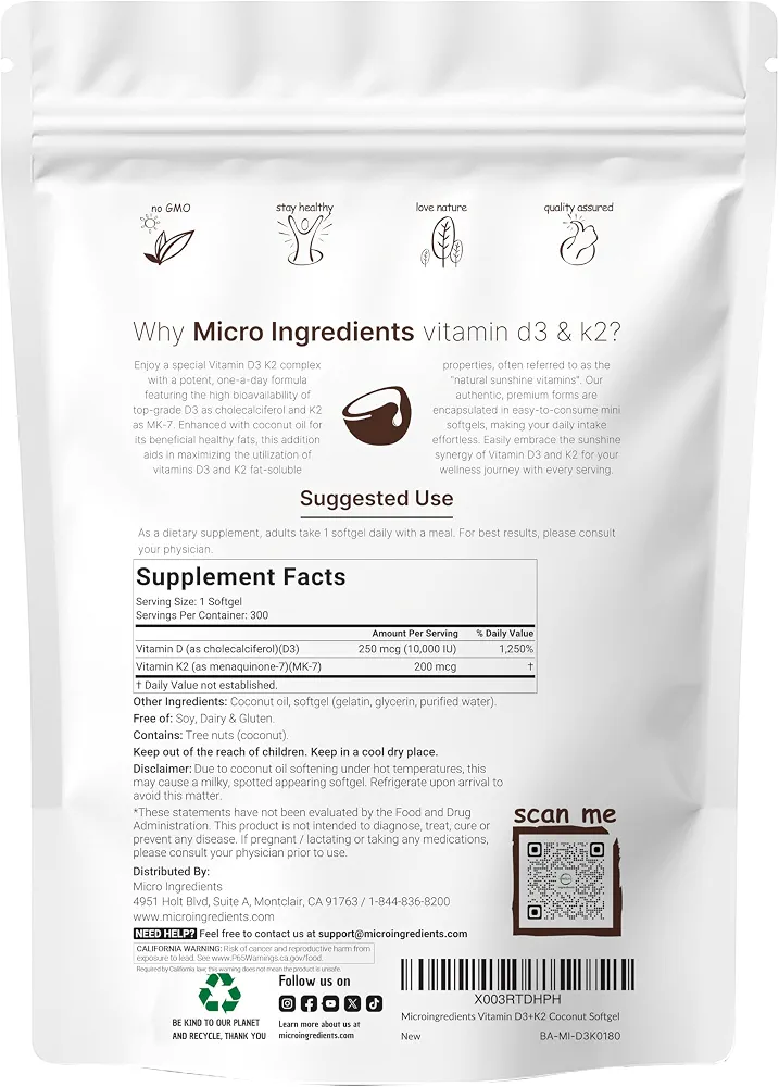 Micro Ingredients Vitamin D3 & K2 (180 Softgels) - Image 2