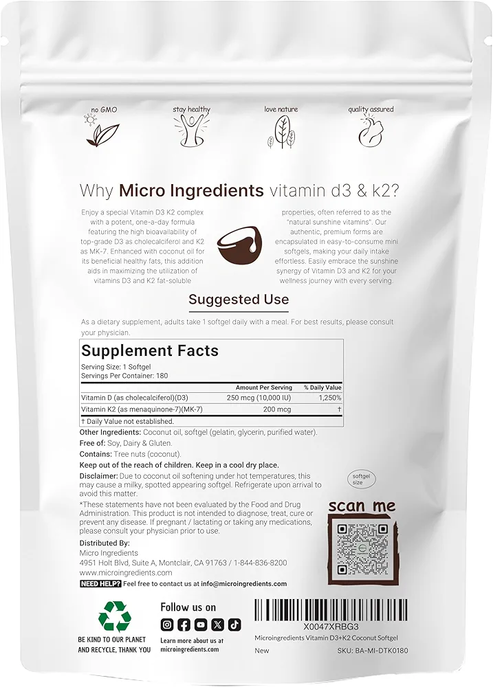 Micro Ingredients Vitamin D3+K2(10,000 IU+200mcg) –( 300 softgels) - Image 2