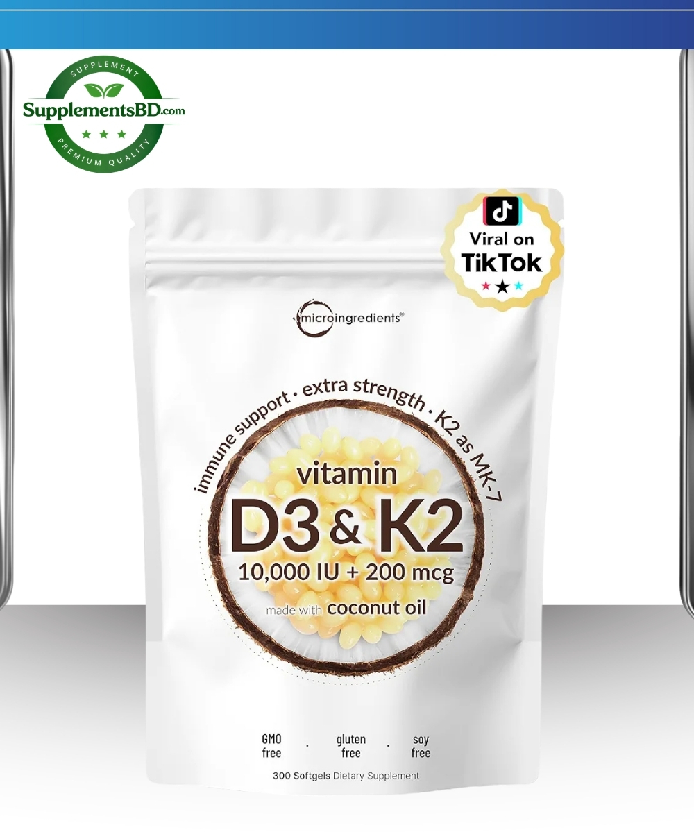 Micro Ingredients Vitamin D3+K2(10,000 IU+200mcg) –( 300 softgels)